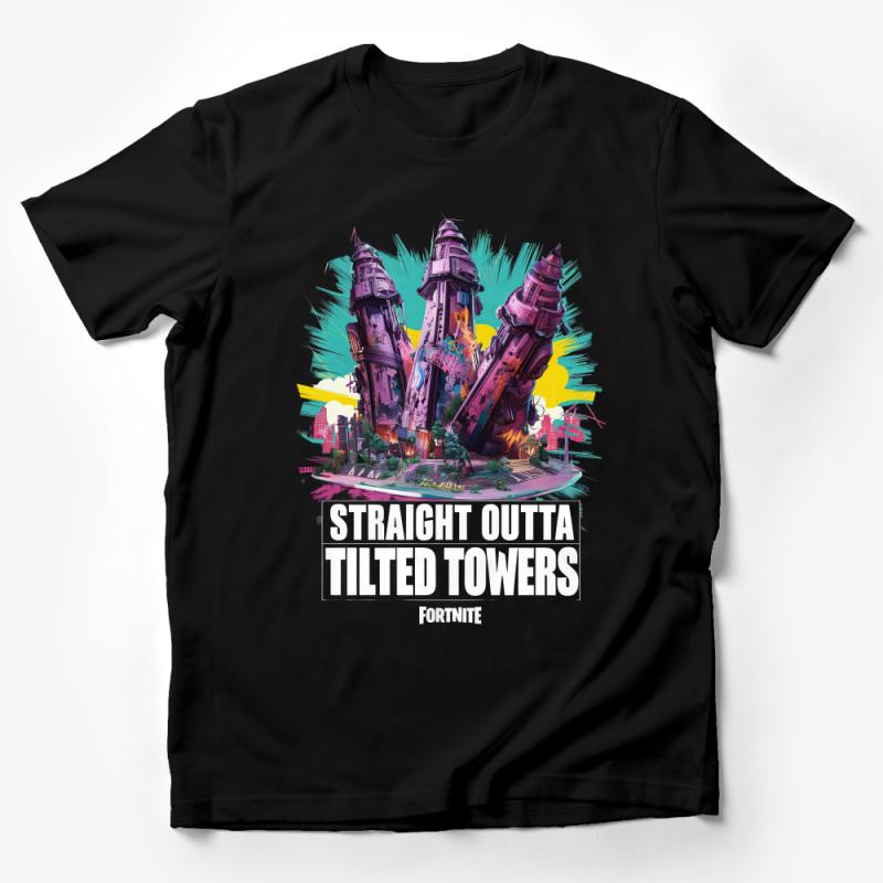 Urban Sci-Fi T-Shirt, Futuristic City Towers Graphic Tee, Vibrant Street Style Apparel, Unisex Male T-Shirt