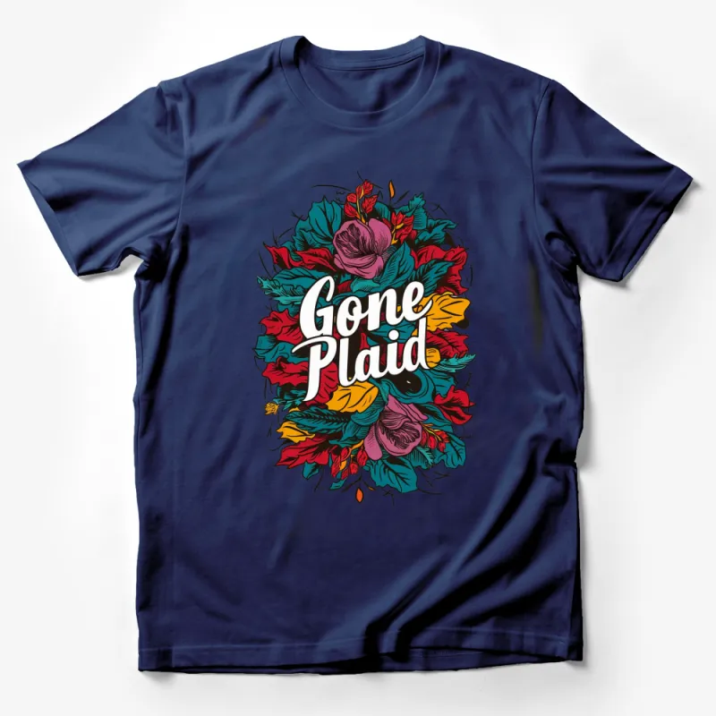 Floral Gone Plaid T-Shirt Design, Colorful Leaf and Flower Graphics, Vibrant Streetwear Male T-Shirt