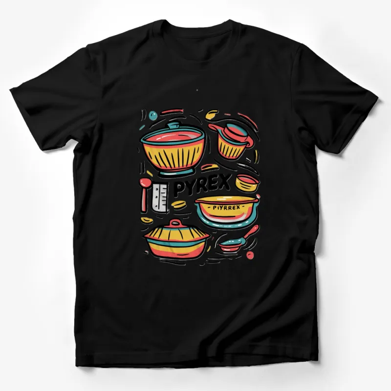 Colorful Pyrex Kitchenware Design T-Shirt, Vintage Cooking Pots and Pans Illustration, Retro Cookware Tee for Chefs Male T-Shirt