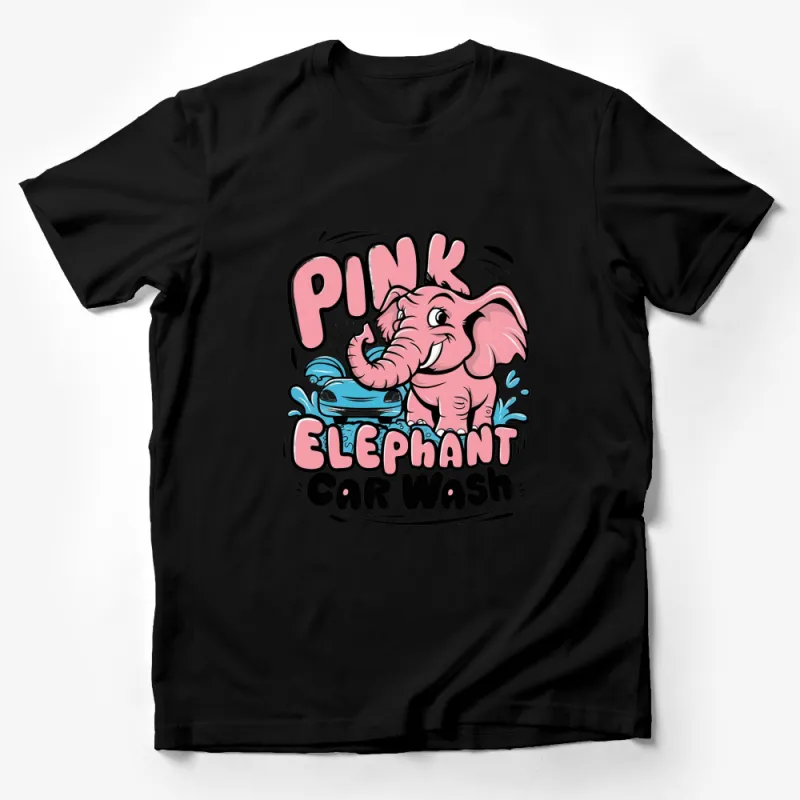 Pink Elephant Car Wash Graphic T-Shirt, Cute Animal Logo Tee, Quirky Retro Style Top, Unique Casual Wear Male T-Shirt