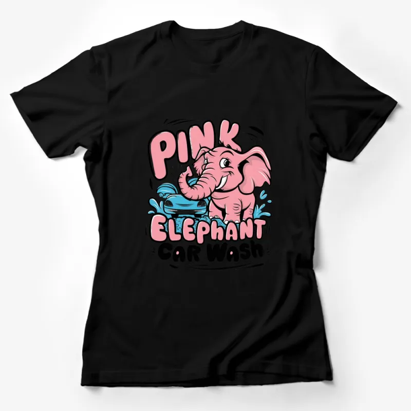 Pink Elephant Car Wash Graphic T-Shirt, Cute Animal Logo Tee, Quirky Retro Style Top, Unique Casual Wear Female T-Shirt