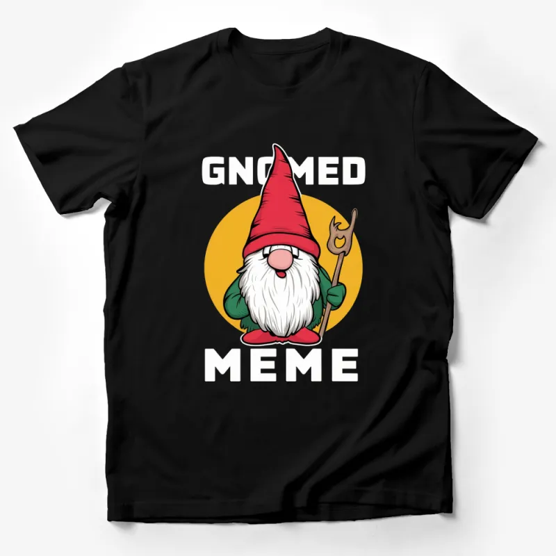 Funny Gnome Meme T-Shirt, Cute Cartoon Gnome with Staff, Novelty Graphic Tee, Casual Wear Male T-Shirt