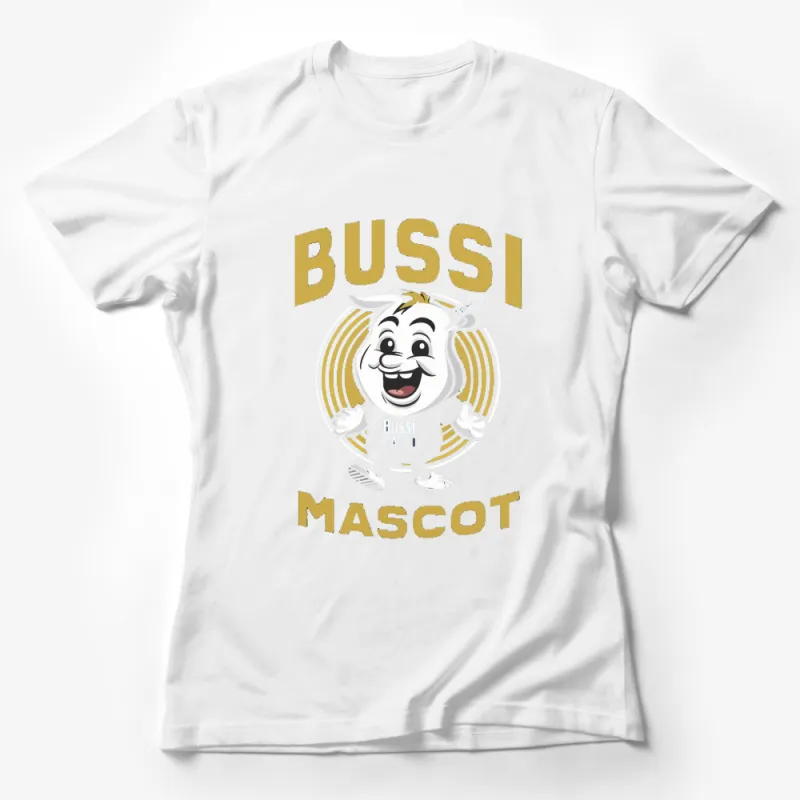 Bussi Mascot T-Shirt, Cartoon Egg Character Shirt, Funny White and Gold Tee, Unique Graphic Design Top Female T-Shirt