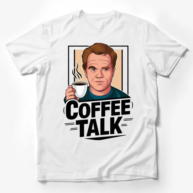 Funny Coffee Talk T-Shirt, Cartoon Man with Coffee Mug, Casual Graphic Tee Male T-Shirt