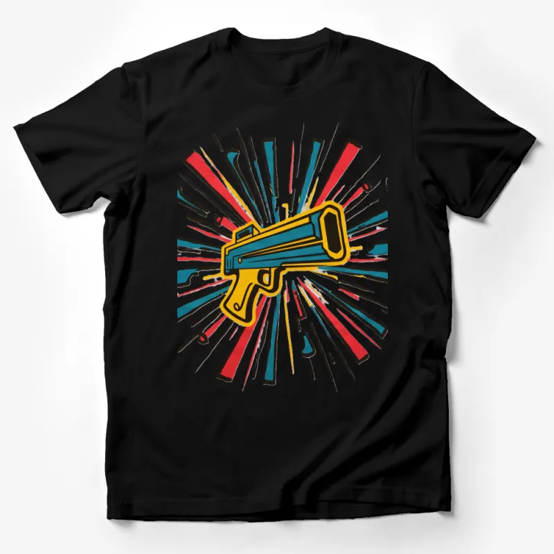 Colorful Pop Art Gun T-Shirt, Retro Style Graphic Tee, Bright Unisex Casual Top Male T-Shirt