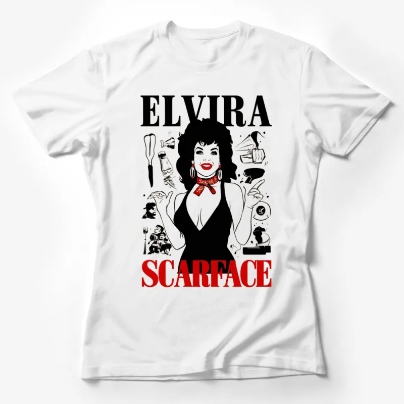 Elvira Scarface Themed T-Shirt, Classic Horror Pop Art, Retro Iconic Movie Fan Tee, Bold Graphics Female T-Shirt