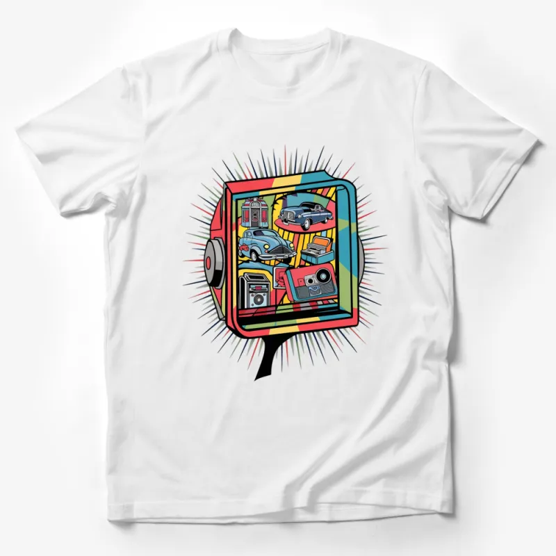 Vintage Cars and Cameras Retro T-Shirt, Colorful Graphic Tee, Unique Pop Art Style Shirt Male T-Shirt