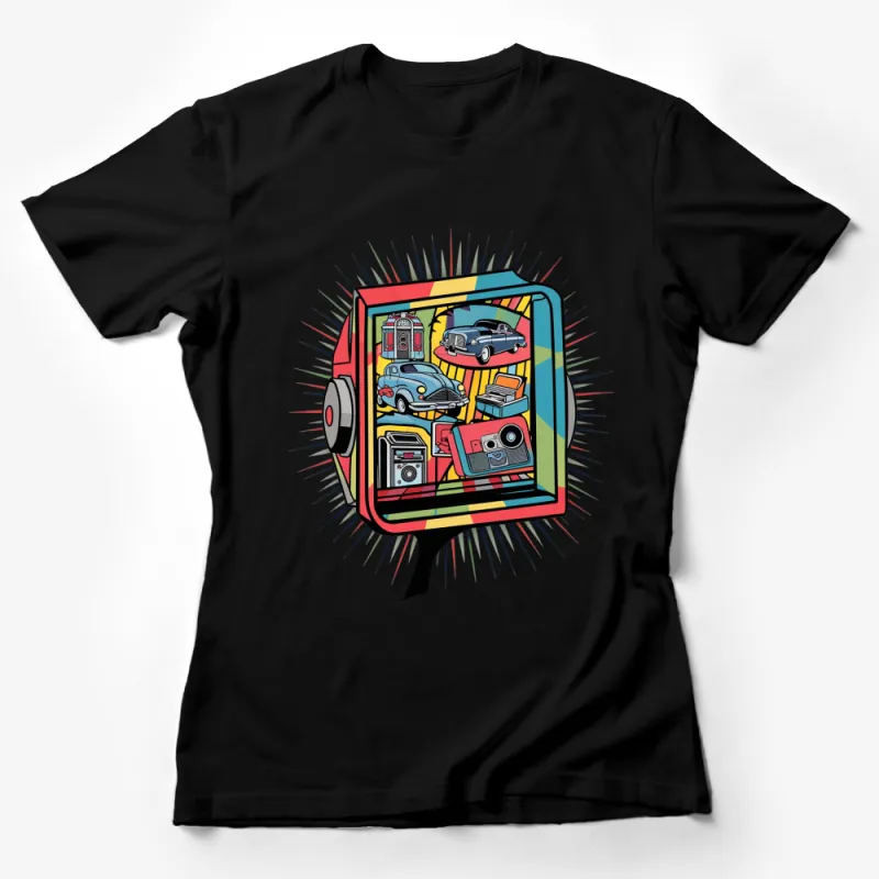 Vintage Cars and Cameras Retro T-Shirt, Colorful Graphic Tee, Unique Pop Art Style Shirt Female T-Shirt