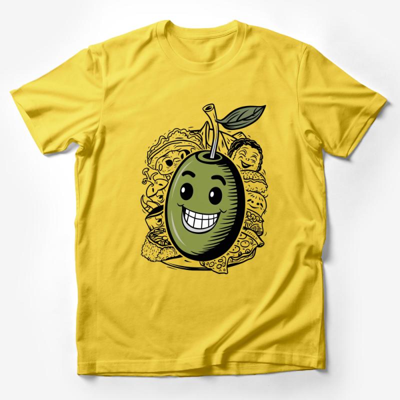 Happy Olive Graphic T-Shirt, Cute Cartoon Olive with Pizza, Fun Foodie Tee, Casual Cotton Shirt, Unisex Apparel, Gift for Vegans Male T-Shirt