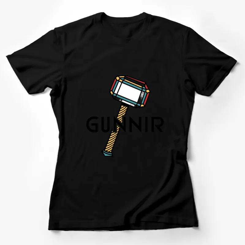 Colorful GUNNIR Hammer Graphic T-Shirt, Stylish Nordic Mythology Tee, Unisex Casual Wear Female T-Shirt