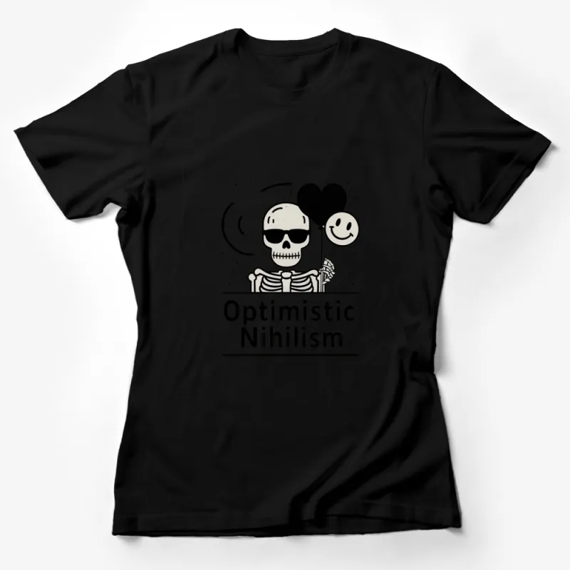 Optimistic Nihilism T-Shirt, Skeleton with Balloons Graphic Tee, Unisex Casual Wear for All Ages Female T-Shirt