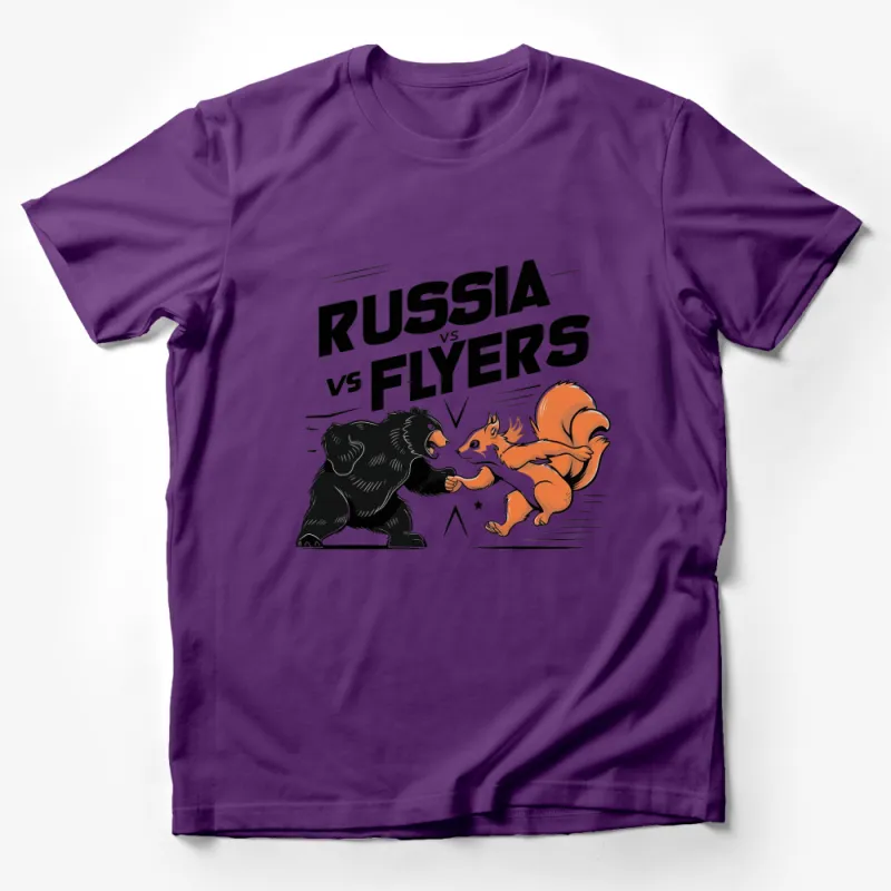 Russia vs Flyers Bear and Squirrel Cartoon Graphic T-Shirt, Unique Animal Face-off Tee, Funny Casual Wear Male T-Shirt