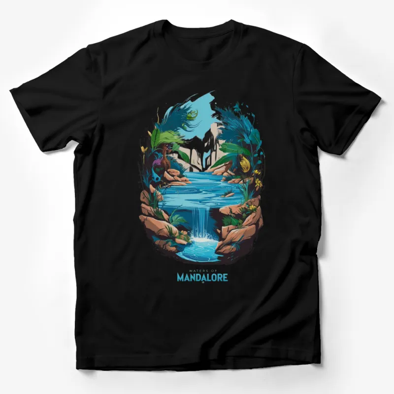 Mandalore Waters Graphic T-Shirt, Fantasy Waterfall Scenery, Skull and Feathers Design, Unisex Fashion Tee Male T-Shirt