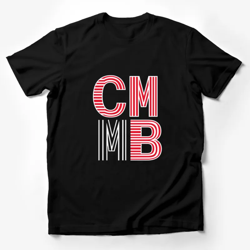 Bold CMYB Letter Graphic T-Shirt, Unique Red and White Stripe Design, Modern Art Fashion Tee Male T-Shirt