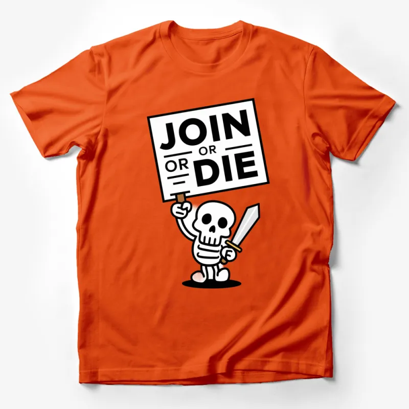 Join or Die Skeleton Graphic T-Shirt, Historical Quote, Patriotic Statement Tee, Skull and Sword Design Male T-Shirt