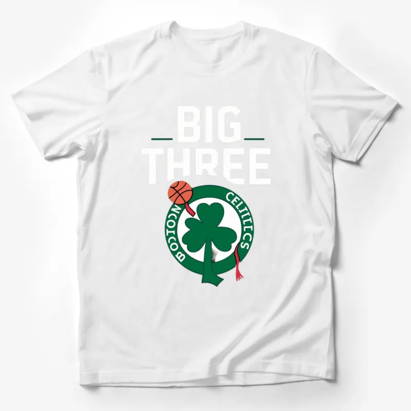 Boston Sports Fan T-Shirt, Big Three Basketball Clover Design, Green and White Male T-Shirt