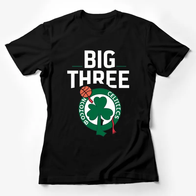 Boston Sports Fan T-Shirt, Big Three Basketball Clover Design, Green and White Female T-Shirt