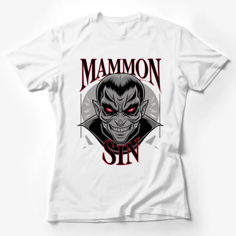 Mammon Sin Red and Black Demon Graphic T-Shirt, Spooky Gothic Style Tee, Unique Horror Graphic Design, Unisex Female T-Shirt