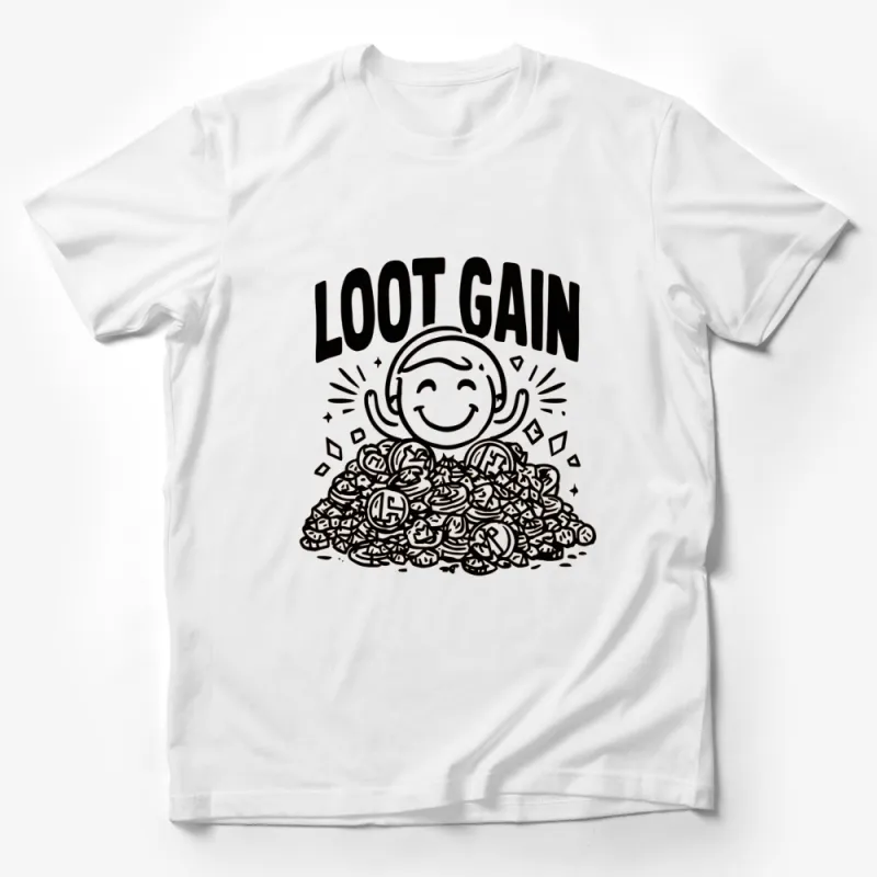 Loot Gain Happy Face on Coins Graphic T-Shirt, Positive Vibes Wealth Theme Tee, Unisex Black and White Shirt Male T-Shirt