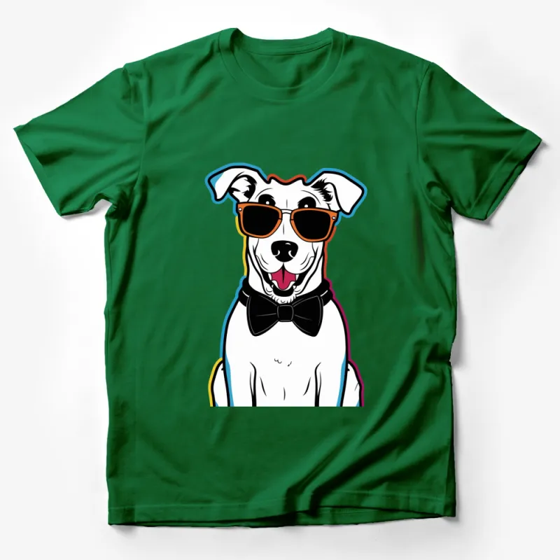 Funky Dog T-Shirt with Bow Tie and Sunglasses, Colorful Cool Dog Graphic Tee, Unisex Pet Lover Shirt Male T-Shirt