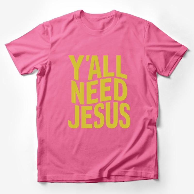 Funny Southern Saying T-Shirt, Y'all Need Jesus, Casual Christian Tee, Unisex Graphic Shirt, Gift for Friend, Yellow Text Design Male T-Shirt