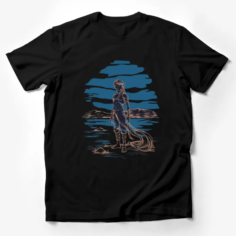 Fantasy Warrior Woman T-Shirt, Mystical Female Fighter, Blue and White Graphic Tee, Unique Artwork Apparel, Gift for Gamers Male T-Shirt