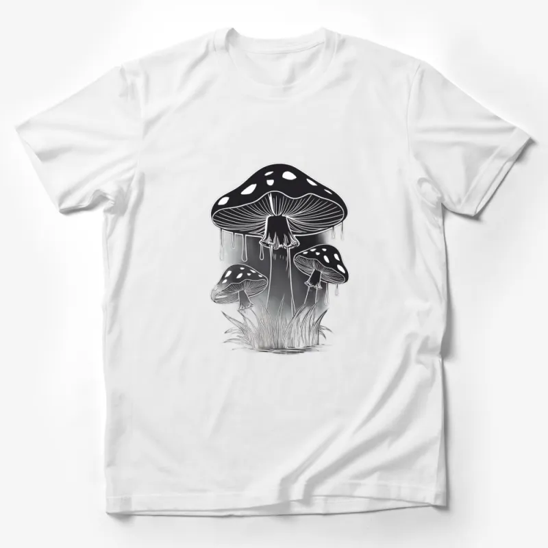 Monochrome Mushroom Graphic T-Shirt, Nature Inspired Artistic Tee, Unique Black and White Nature Design Male T-Shirt