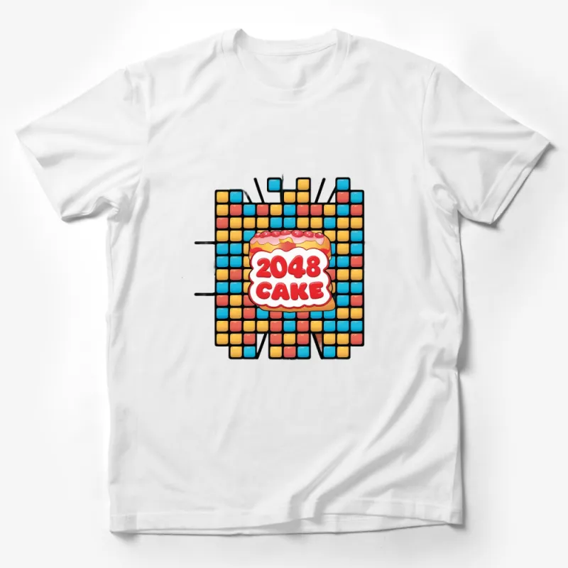 Retro 2048 Cake Design T-Shirt, Colorful Pixel Art Birthday Tee, Unique Gift Male T-Shirt