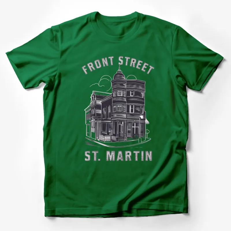 Vintage Front Street St. Martin Building T-Shirt, Urban Architectural Sketch Tee, Stylish Monochrome Graphic Shirt Male T-Shirt