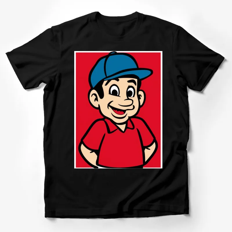 Retro Cartoon Kid in Red T-Shirt and Blue Cap, Vintage Style Graphic Tee, Unisex Casual Wear Male T-Shirt