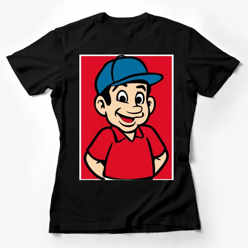 Retro Cartoon Kid in Red T-Shirt and Blue Cap, Vintage Style Graphic Tee, Unisex Casual Wear Female T-Shirt