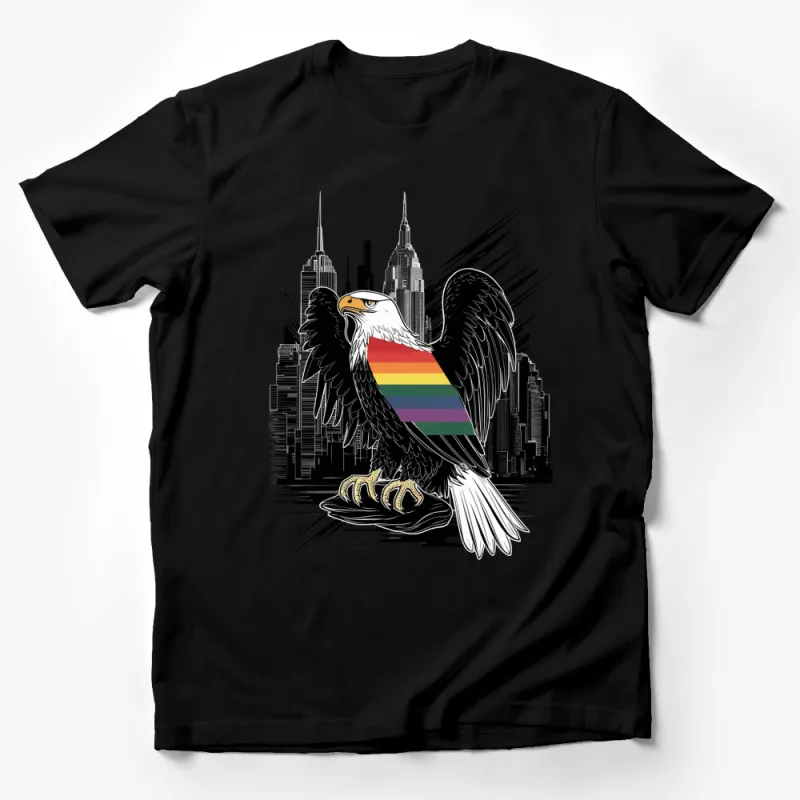 Urban Eagle Pride Rainbow T-Shirt, LGBTQ+ Support, City Skyline Graphic Tee, Bold Black and White Male T-Shirt