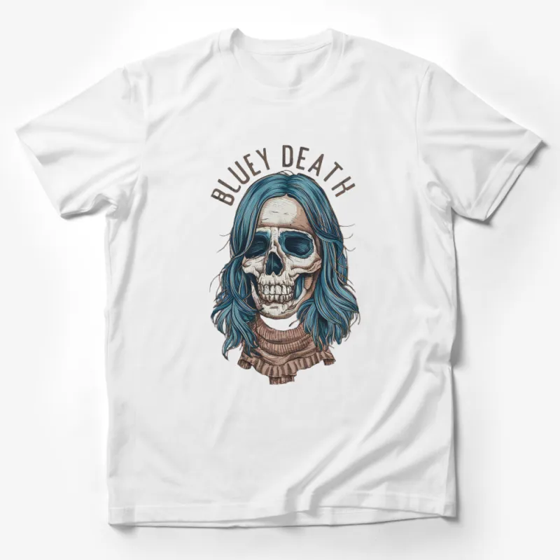 Bluey Death Skull T-Shirt, Gothic Blue Hair Skull Graphic Tee, Unisex Casual Hipster Clothing, Cool Skeleton Shirt Male T-Shirt