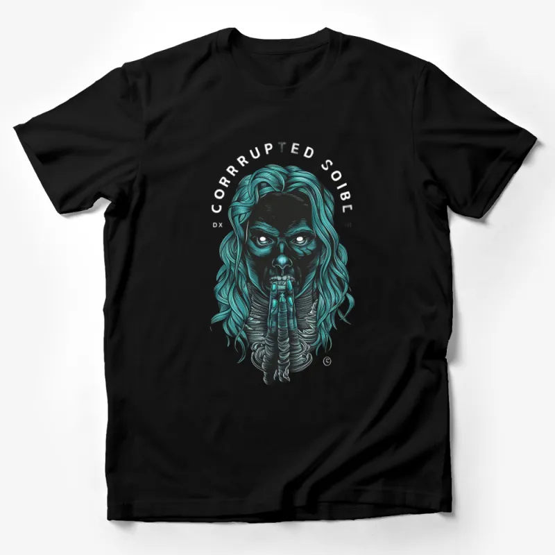 Dark Fantasy Skull Art T-Shirt, Turquoise and Black Gothic Graphic Tee, Unique Horror Apparel Male T-Shirt