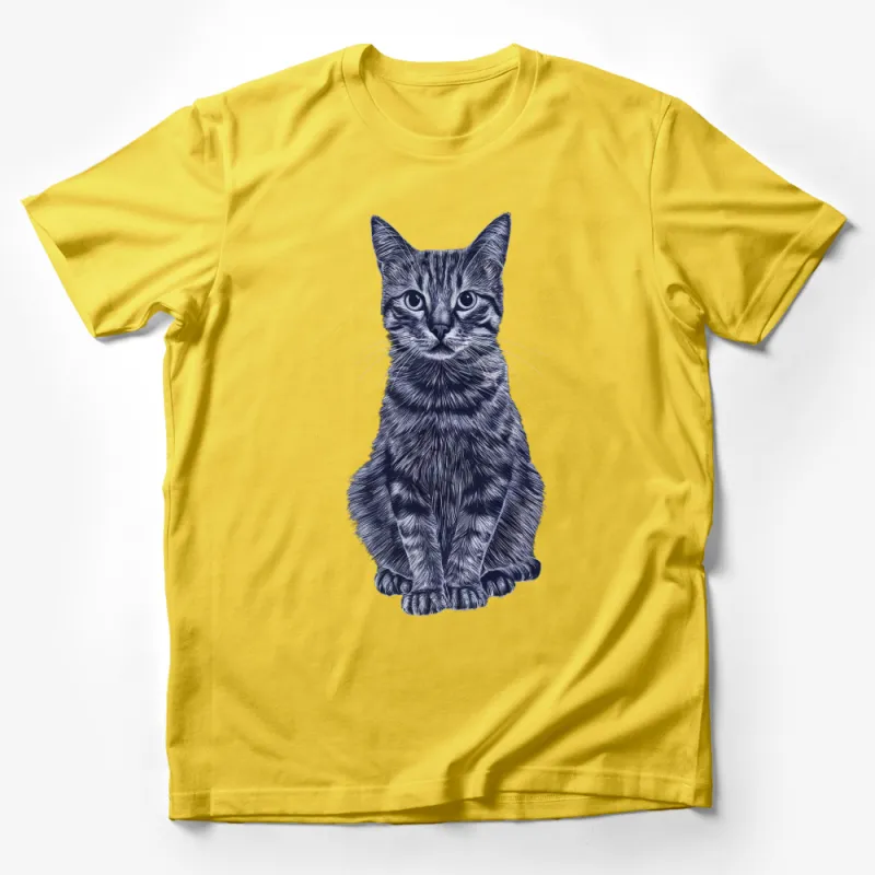 Detailed Cat Illustration T-Shirt, Blue Ink Kitten Graphic Tee, Pet Lover Gift, Unique Animal Art Shirt Male T-Shirt