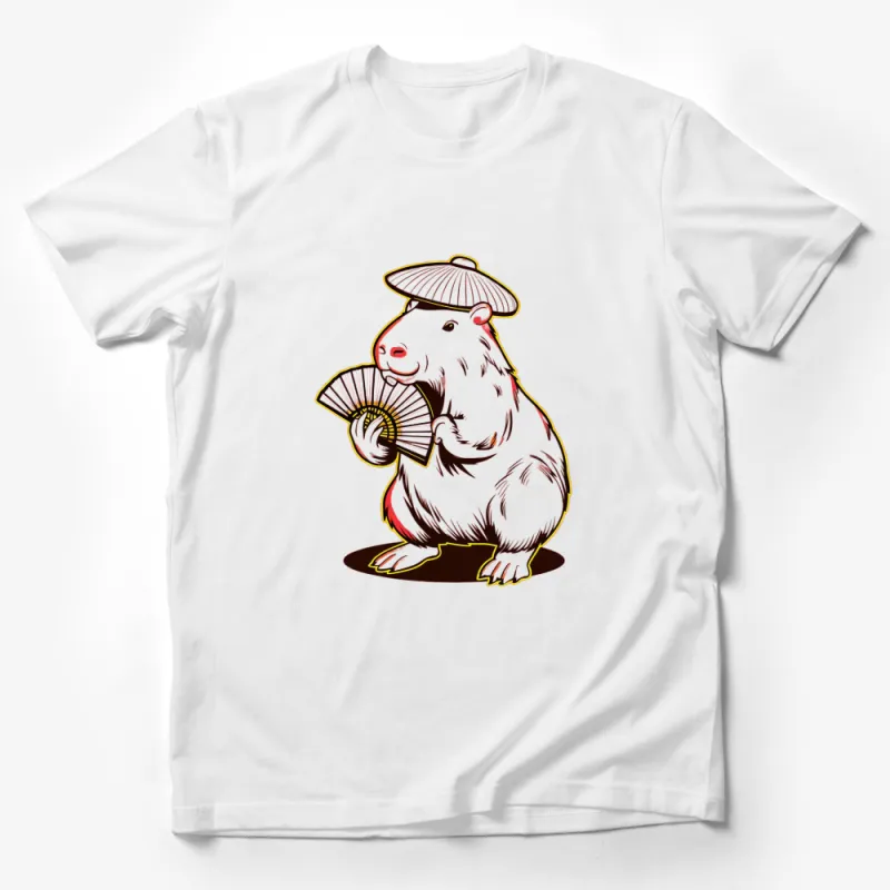 Cute Capybara with Fan and Hat Illustration T-Shirt, Unique Animal Design Tee, Unisex Graphic Shirt Male T-Shirt