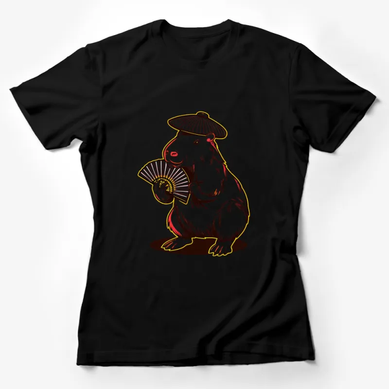 Cute Capybara with Fan and Hat Illustration T-Shirt, Unique Animal Design Tee, Unisex Graphic Shirt Female T-Shirt