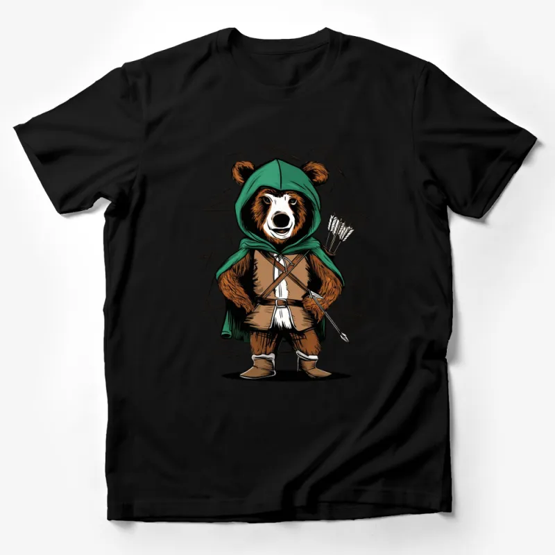 Fantasy Bear Archer Cartoon Men's T-Shirt, Unique Hooded Bear Graphic Tee, Adventure Animal Shirt Male T-Shirt