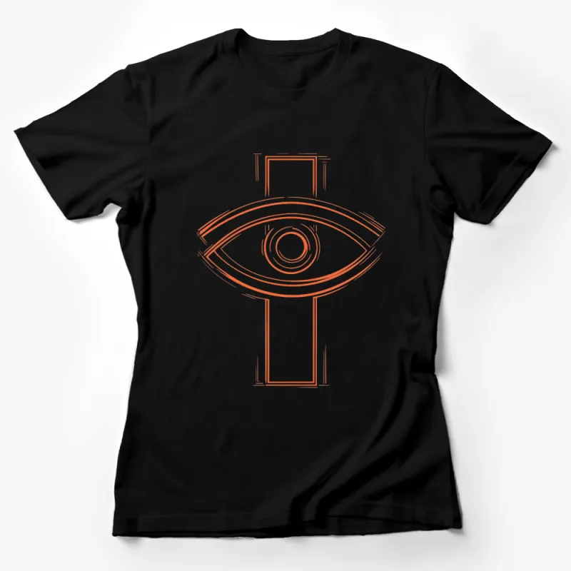 Minimalistic Eye Drawing Graphic T-Shirt, Unique Orange Outline Eye Design Tee Female T-Shirt