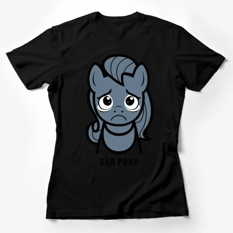 Sad Pony Cartoon T-Shirt, Cute Blue Horse Graphic Tee, Unisex Kids and Adult Sizes Female T-Shirt