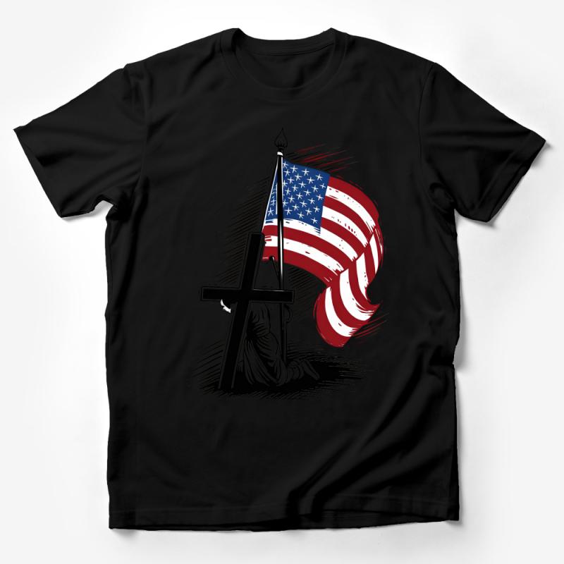 Patriotic Soldier Memorial Tee, American Flag and Battlefield Cross, Veterans Honor Graphic T-Shirt, Military Appreciation Unisex Shirt Male T-Shirt