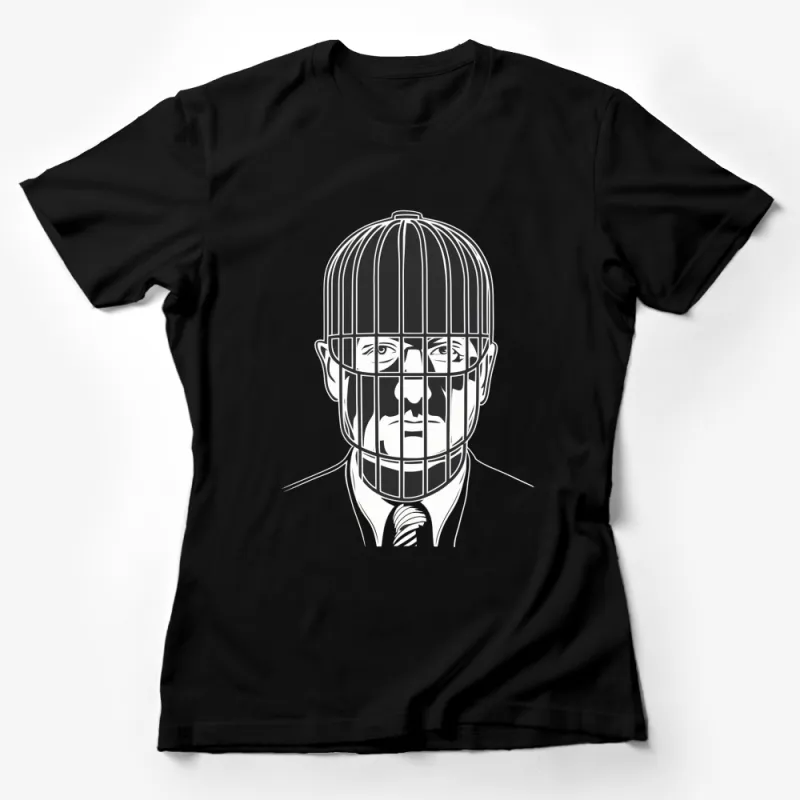 Abstract Cage Face Graphic T-Shirt, Bold Black and White Art Tee, Unique Surreal Portrait Design Shirt Female T-Shirt