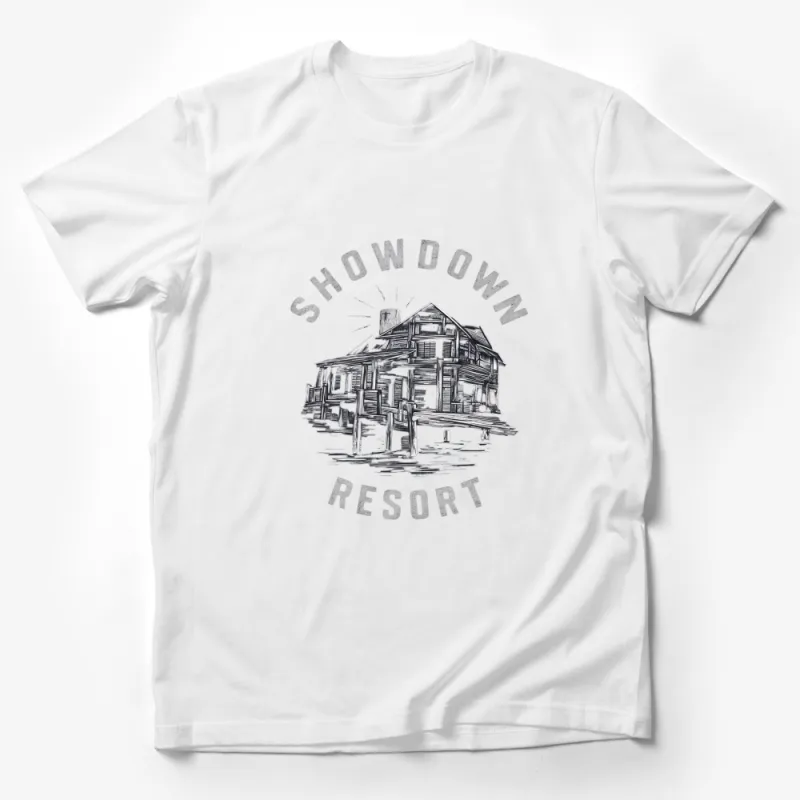 Showdown Resort T-Shirt, Vintage Cabin Graphic, Western Style Tee, Men and Women Casual Wear Male T-Shirt