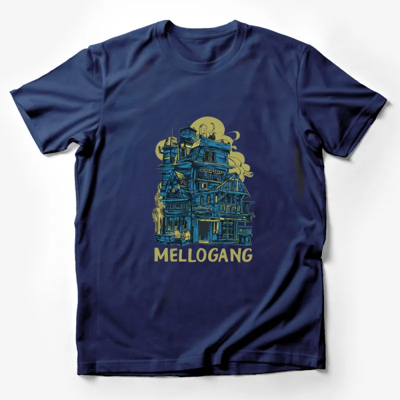 MELLOGANG Haunted House Graphic T-Shirt, Spooky Victorian Mansion, Halloween Unique Design Tee, Artistic Full Moon Apparel Male T-Shirt