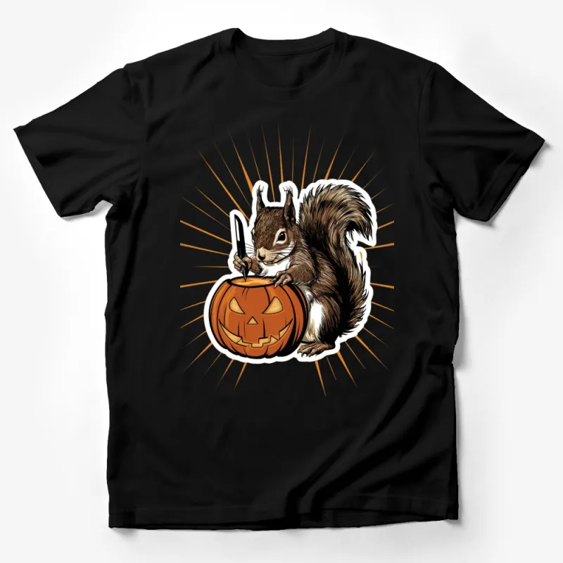 Squirrel Carving Pumpkin T-Shirt, Cute Halloween Graphic Tee, Autumn Fall Shirt for All Male T-Shirt