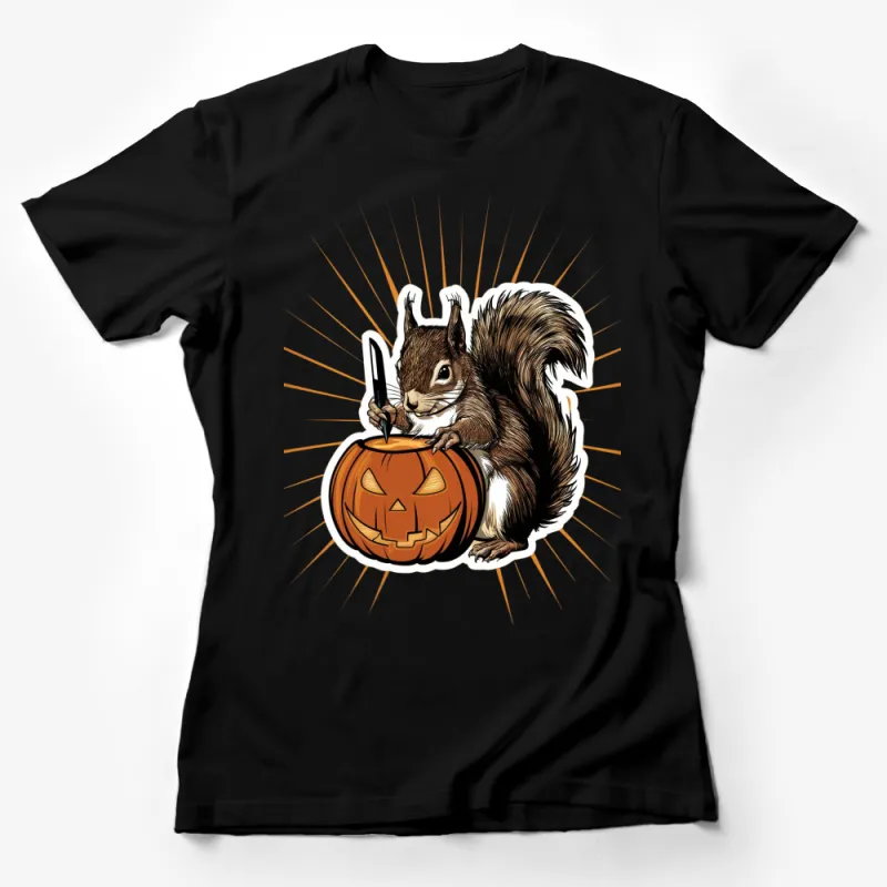 Squirrel Carving Pumpkin T-Shirt, Cute Halloween Graphic Tee, Autumn Fall Shirt for All Female T-Shirt