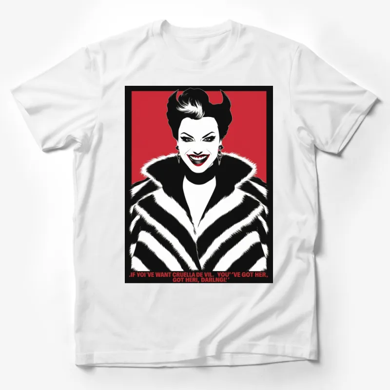 Cruella De Vil Inspired Pop Art T-Shirt, Bold Red and Black Graphic Tee, Fashion Villain Design, Stylish Modern Apparel Male T-Shirt