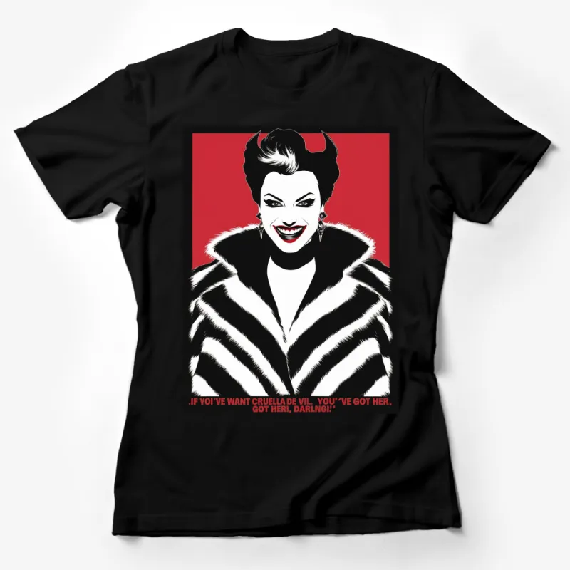 Cruella De Vil Inspired Pop Art T-Shirt, Bold Red and Black Graphic Tee, Fashion Villain Design, Stylish Modern Apparel Female T-Shirt