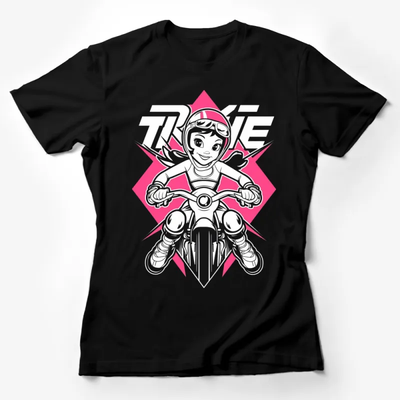 Kids Motorcycle T-Shirt, Cartoon Biker Girl Graphic Tee, Pink and Black Casual Top for Children Female T-Shirt