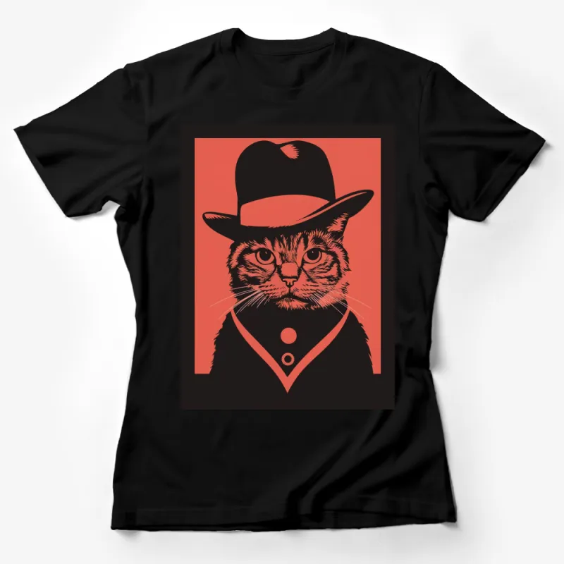 Vintage Cat with Hat Graphic T-Shirt, Retro Style Black and Orange Feline Shirt, Unique Animal Tee for Cat Lovers Female T-Shirt